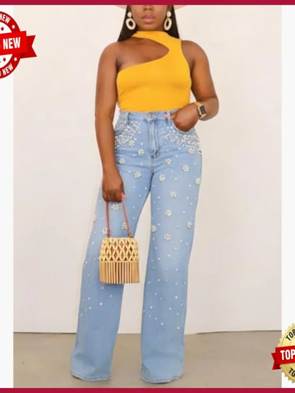 High Waisted Wide Leg Rhinestone Jeans Y2K Sparkly Denim Trousers